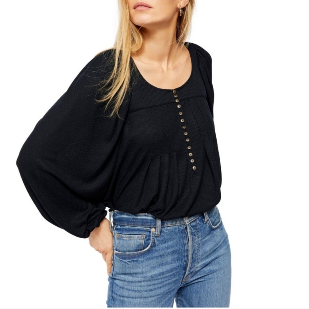 Free People Black Breezy Loose Boho Peasant Billowy Puff Balloon Sleeve Top Med.